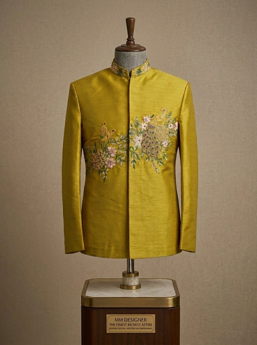 Golden Olive  Mashine Embroidered Prince Coat
